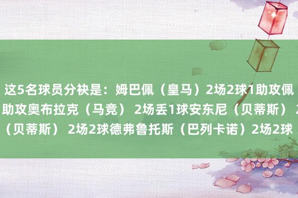 这5名球员分袂是：姆巴佩（皇马）2场2球1助攻佩德里 （巴萨）2场1球1助攻奥布拉克（马竞） 2场丢1球安东尼（贝蒂斯） 2场2球德弗鲁托斯（巴列卡诺）2场2球    体育赛事直播